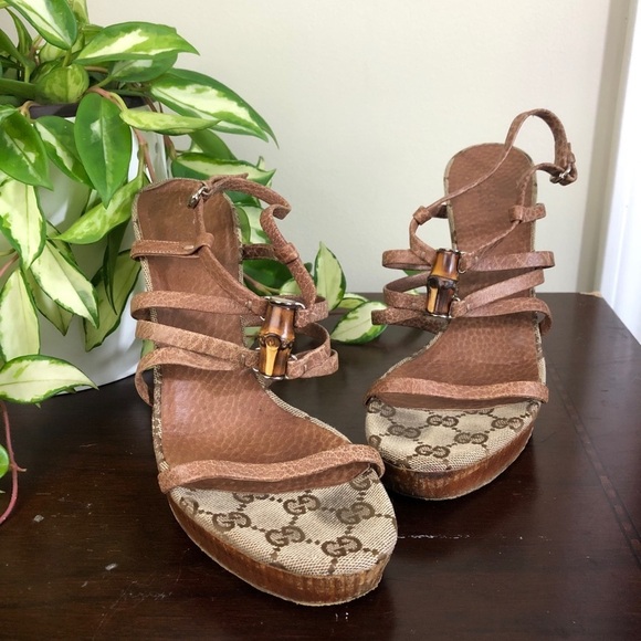 Gucci Bamboo Icon Logo Canvas Leather 36.5 Heels - Picture 1 of 8